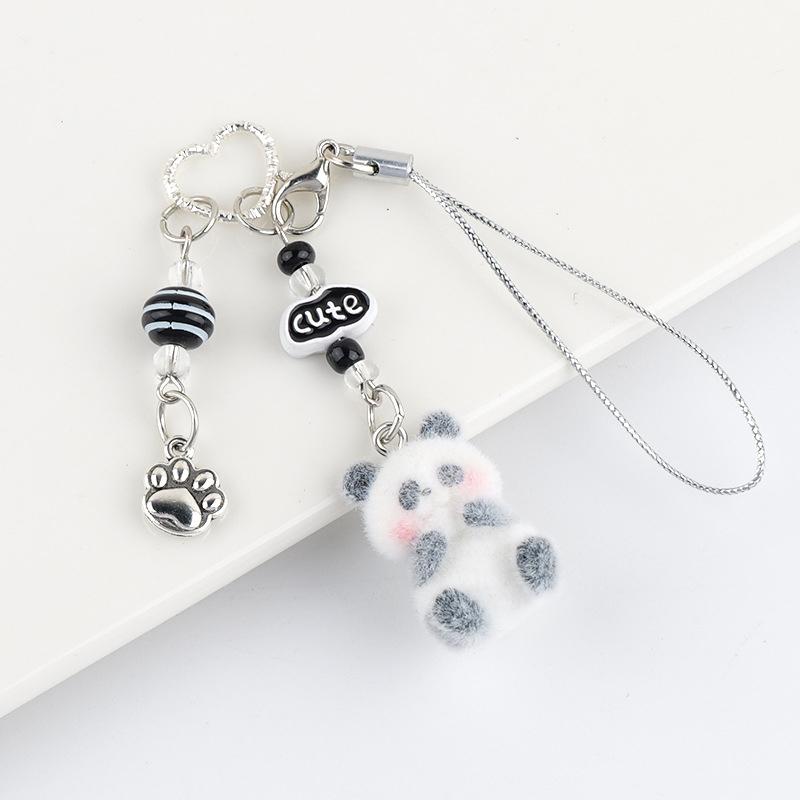 Cute Cartoon Flocking Panda Phone Lanyard  Panda Keychain Mobile Phone Chain Lovely Bag Pendant Couple Keyring