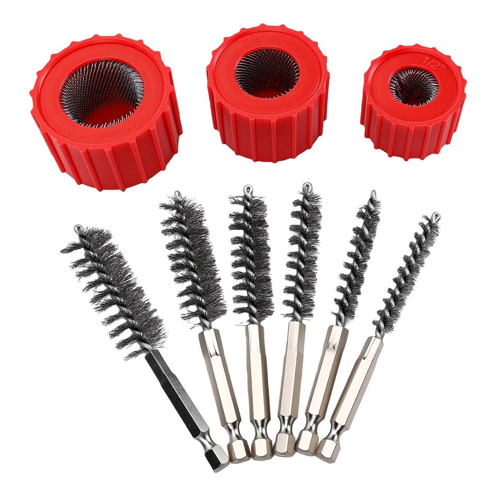Copper Pipe Cleaner Set 1 2in 3 4in 1in with Hex Shank Stainless Steel Brushes Plumbing Tools for Removing Rust