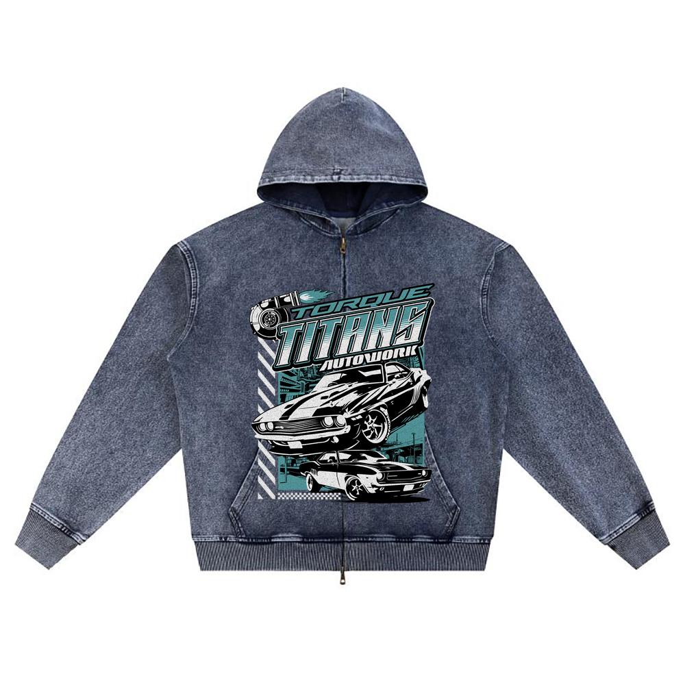 DTG Print Knitted Denim Zip-Up Hoodie Torque Titans Brother Print Zipper Hoodies