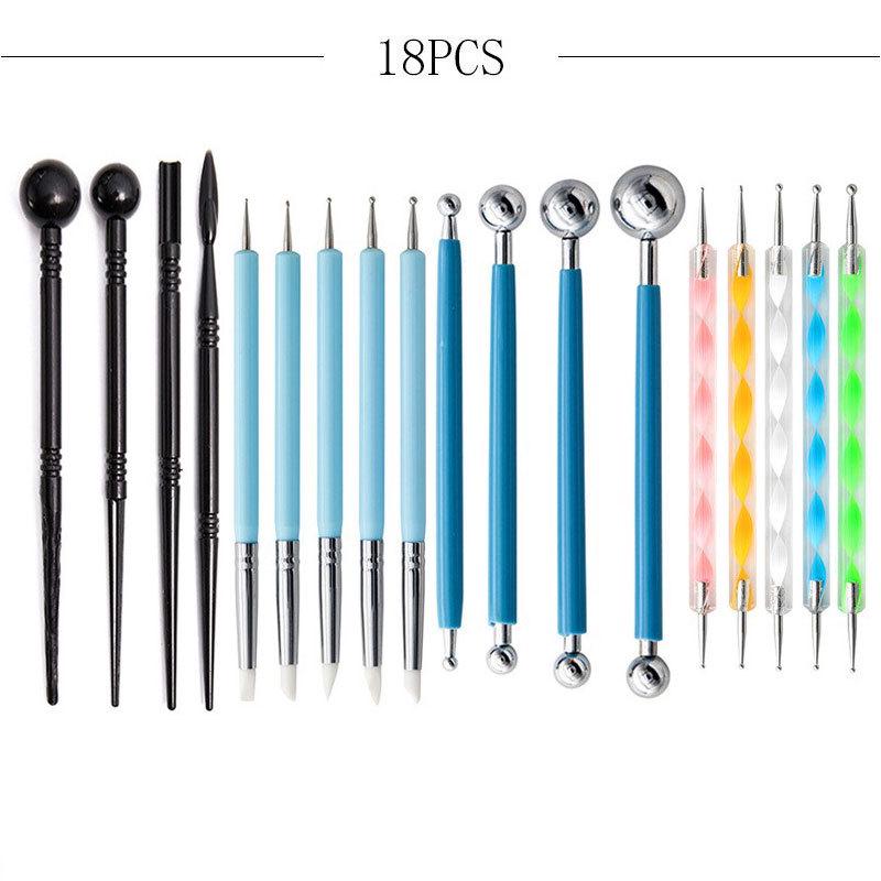 

18-Piece Clay Sculpting & Carving Tool Set with Knives, Black Rods, and Silicone Dotting Tools for DIY and Polymer Clay.