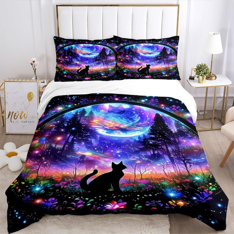 3pcs Colorful Fantasy Cat Bedding Set - Includes One Quilt Cover and Two Pillowcases (No Core) - Home Decor, Festival Gift, Polyester Fabric