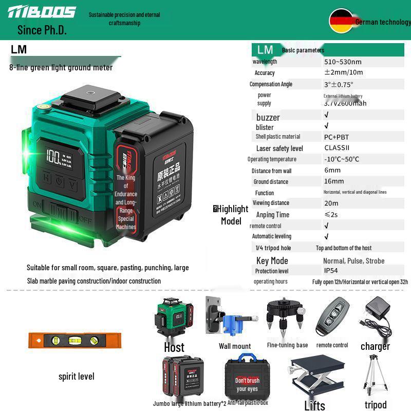 Green Light Outdoor Infrared Laser Level with Automatic Wall & Floor Alignment