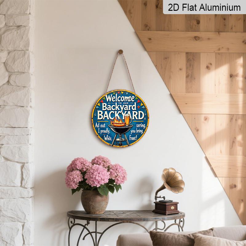 2D Flat, 1pc 7.87" Round Aluminum Sign with "Barbecue Party Beer Garden" Vintage Decorative Plaque, Yard BBQ Beer Theme Aluminum 2D Decoration Plate