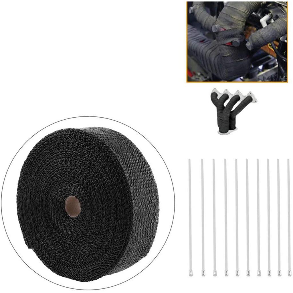 Exhaust Heat Wrap 2000℉ Black Car Exhaust Pipe Heat Insulation Wrap 50mm X 15m with 10 Stainless Steel Cable Ties Pipe Wrap