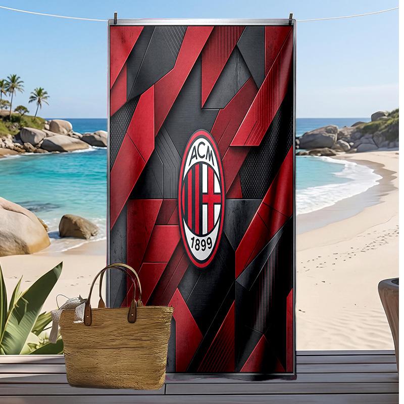 מגבת חוף מודפסת AC Milan, מגבת רכה מתייבשת במהירות, שמיכת חוף מלבנית גדולה ניידת לנסיעות, בריכה