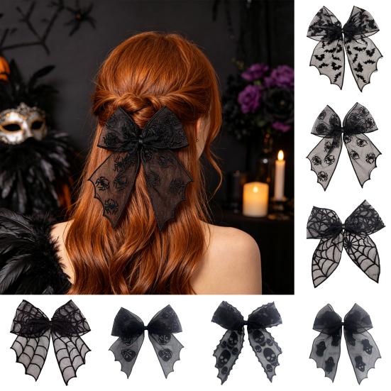 Holiday Themed Hair Clip Halloween Bat Mesh Bow Spring Clips, Black White Lace Spider Web Accessories Barrettes, Gothic Dark Style for Women