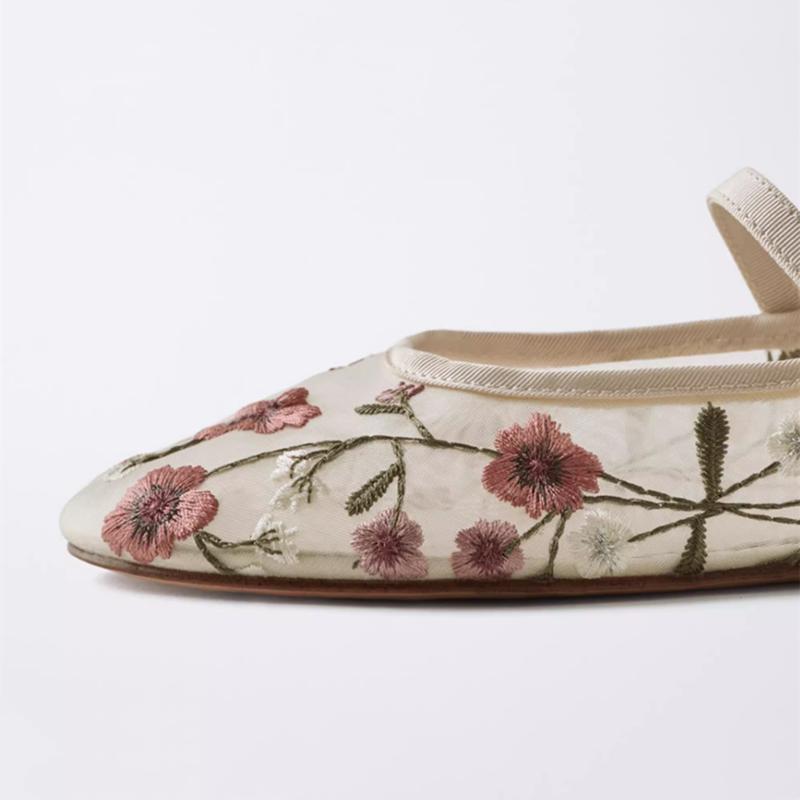 Mode Elegante Blumen Bestickt Marken Ballerinas Damen Atmungsaktives Mesh-Design Mary Jane Schuhe Leichte Bequeme Flache Sandalen