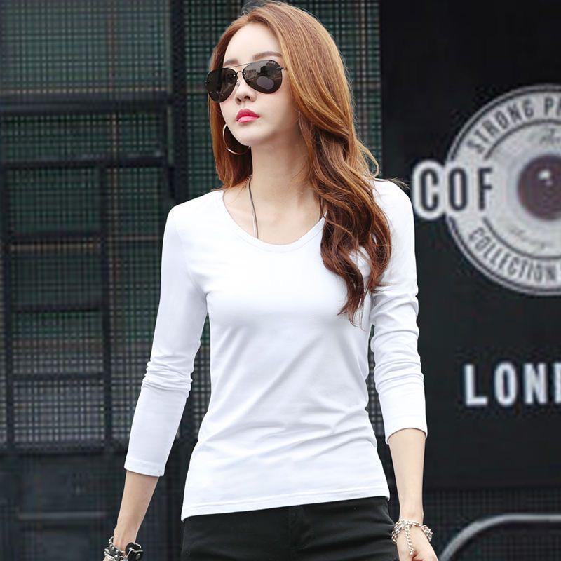 

Женская футболка Slim Fit с круглым вырезом и длинными рукавами 2023 года — однотонная, большого размера, весна и осень L