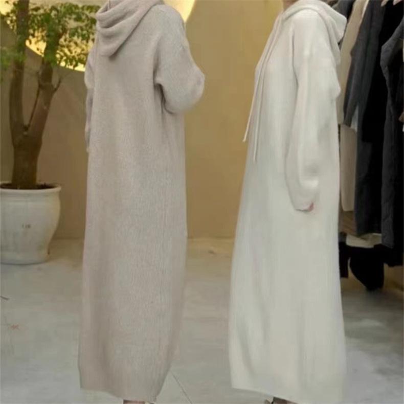 Solid color temperament gentle wind fashion knitted primer dress women's red atmosphere bright silk hooded sweater long dress