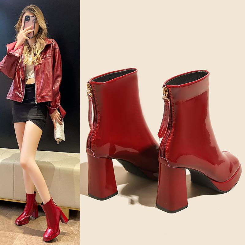 Autumn and winter new Martin boots women's square head high heel thick heel rear zipper short boots patent leather high heel single boots fashion