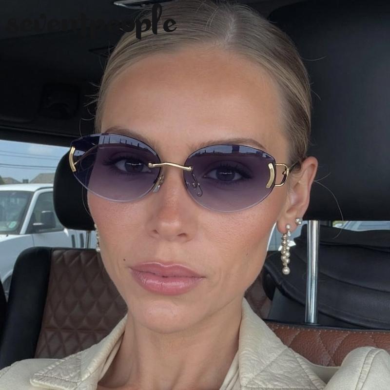 Small Frame Oval Frameless Sunglasses Women  Luxury Brand Vintage Metal Punk Sun Glasses For Ladies Trendy Outdoor Shades