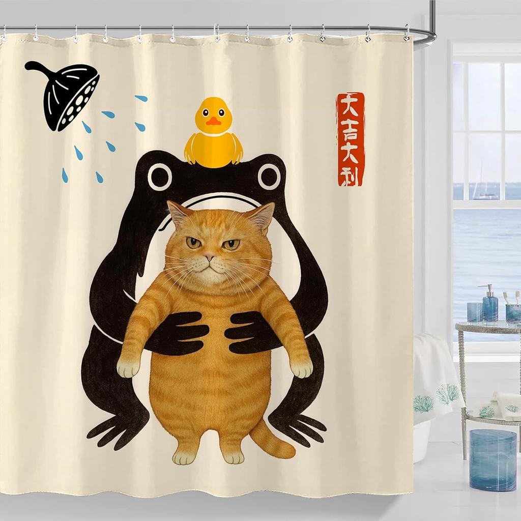 Artistic Cat Shower Curtain Set Iconic Wave Design Waterproof Bathroom Shower Curtain Japanese Art Style Print Bold Home Decor