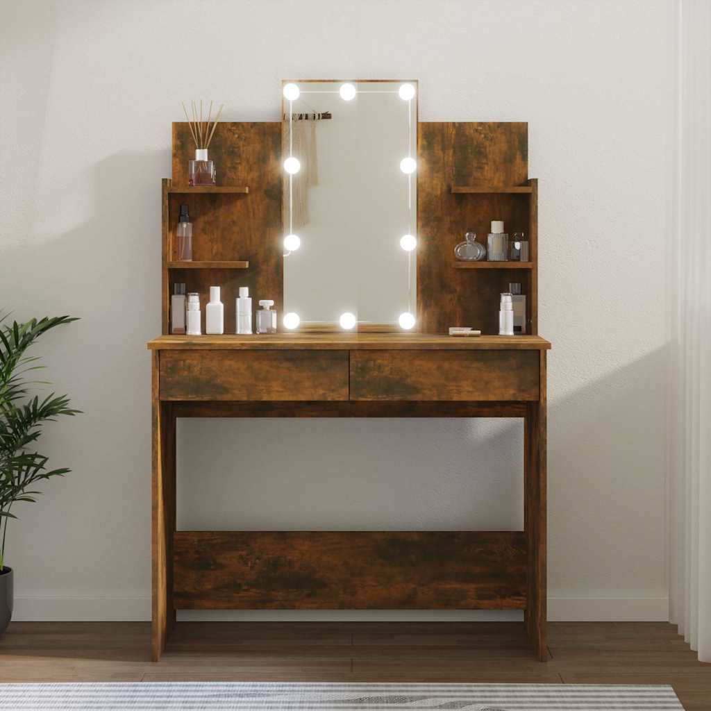 Makeup Table with LED Smoked Oak 96x40x142 cm
