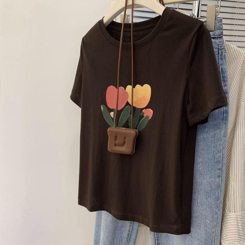Women's Tulip Floral Print T-Shirt Short Sleeve Crew Neck Casual Beige Top