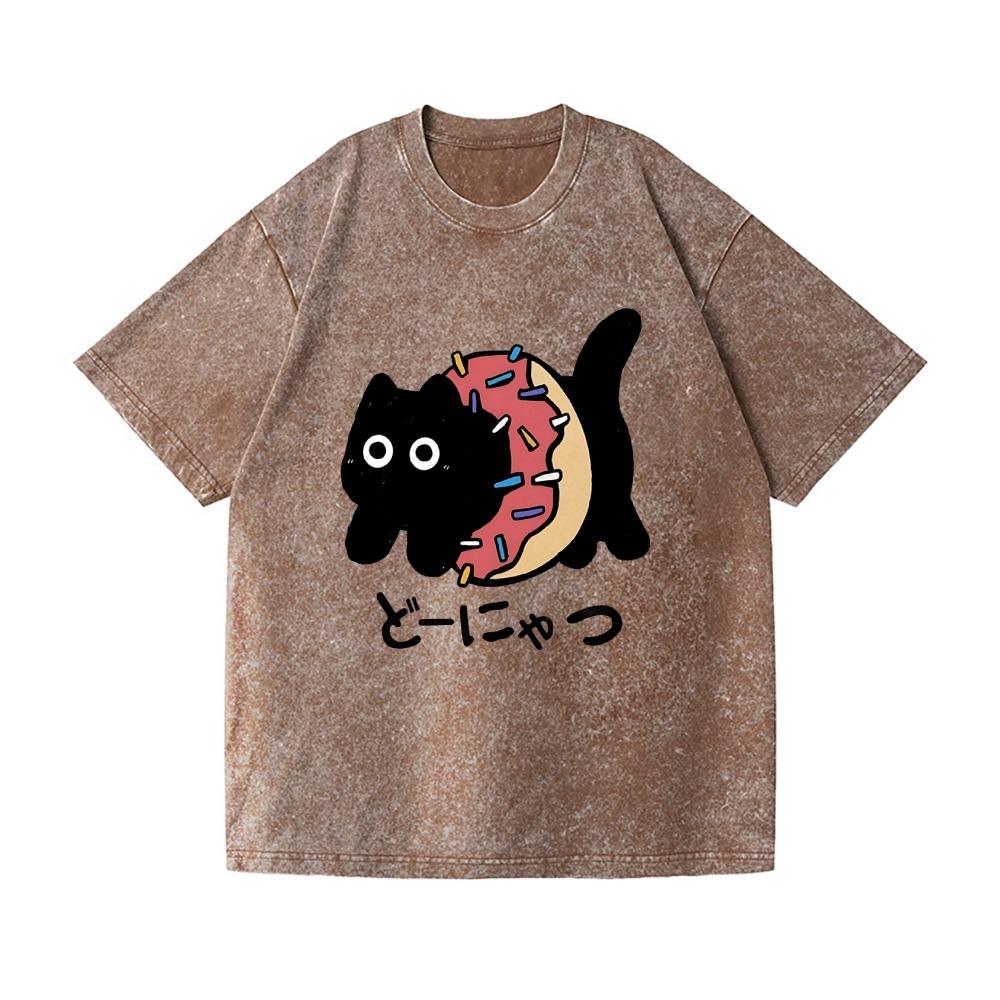 Men's Short Sleeve Washed Acid T-shirts Casual Loose Funny Donut Cat Japanese Design Vintage Tees Oversized O-Neck Tops