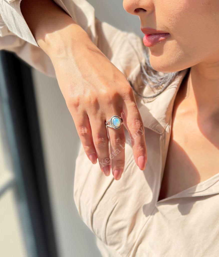 Natural Opal bohemian ring, Silver oxidized oval shaped fiery opal ring , Flashy opal Handmade boho ring , unique genuine gift for her