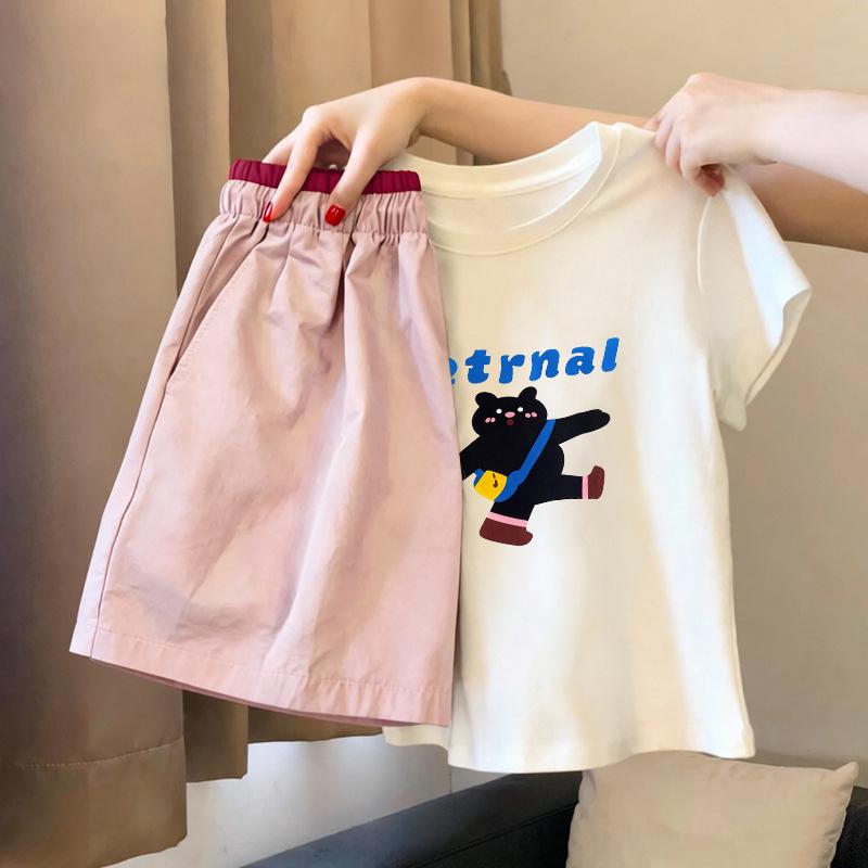 Girls' Cartoon Cotton T-Shirt & Shorts Set - Summer 2026 New Arrival for Ages 6-12