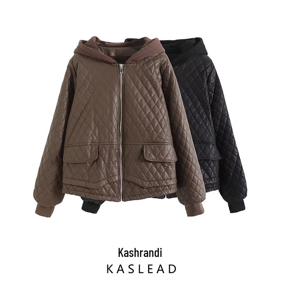 

2024 Autumn Women s European & American Style Two-Tone Faux Leather Quilted Loose Fit Long Sleeve Jacket One Size кавовий