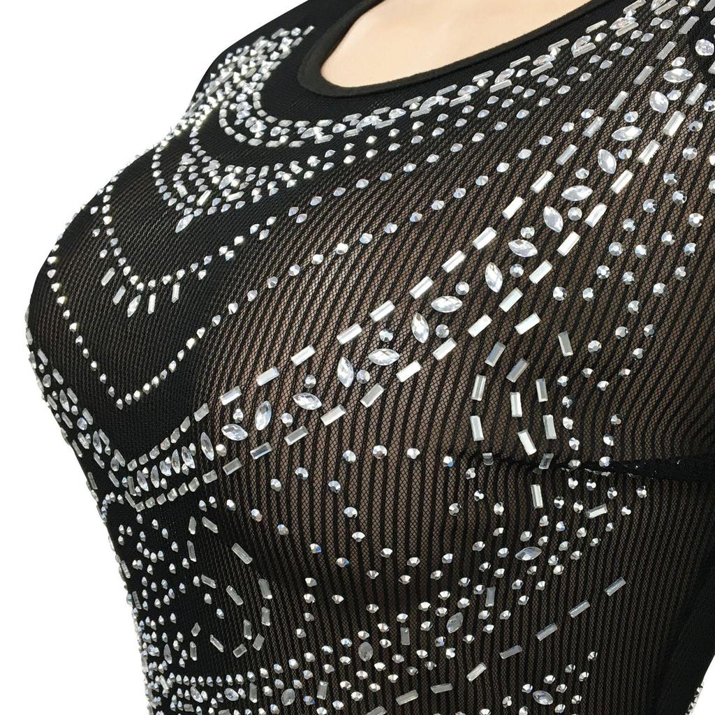 European & American Fashion Women's See-through Mesh Long Sleeve Slit Dress with Hot Drilling Details.