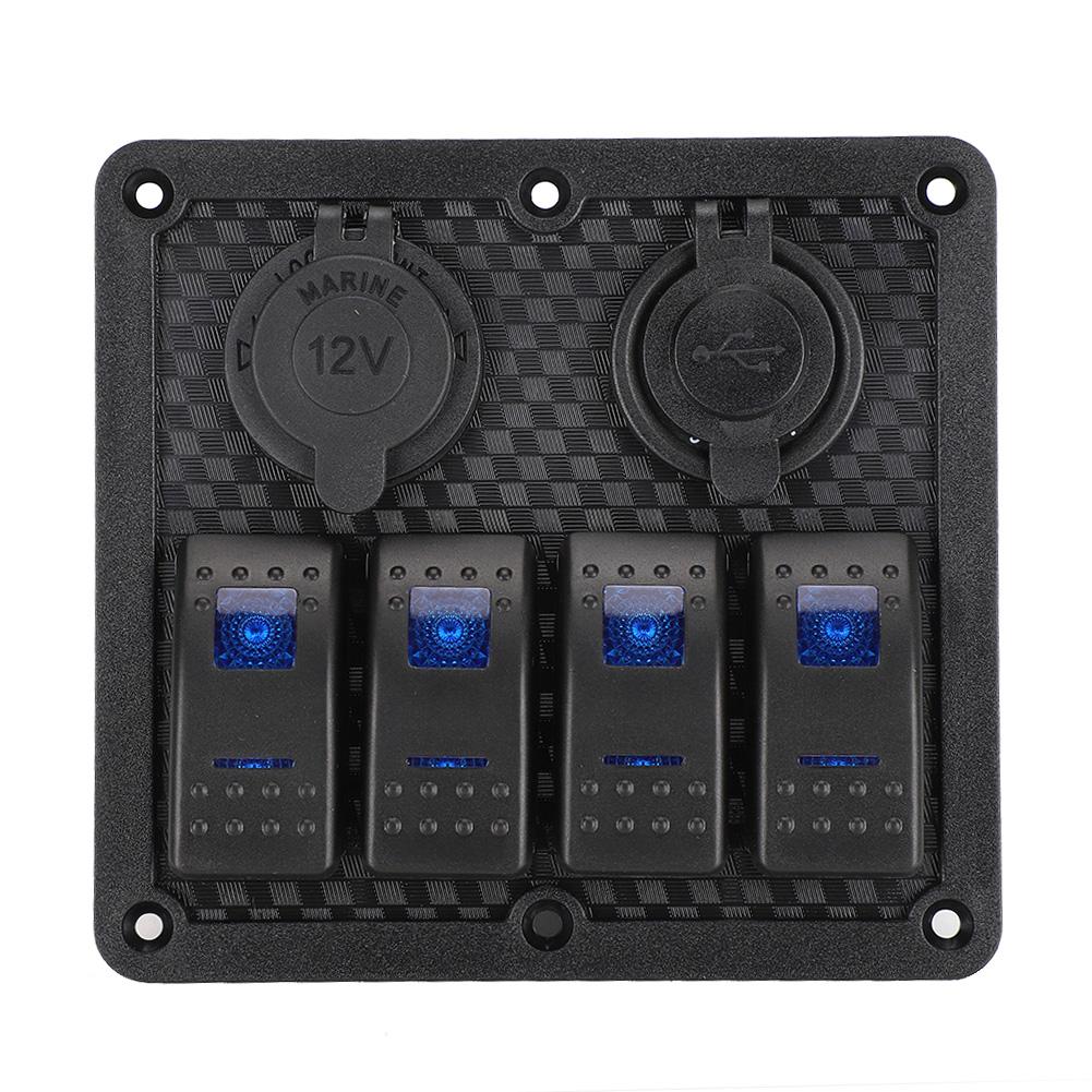 

12V 24V 4 Gang Rocker Switch Panel IP65 Waterproof with Lighter Socket 2 USB for Car Boat