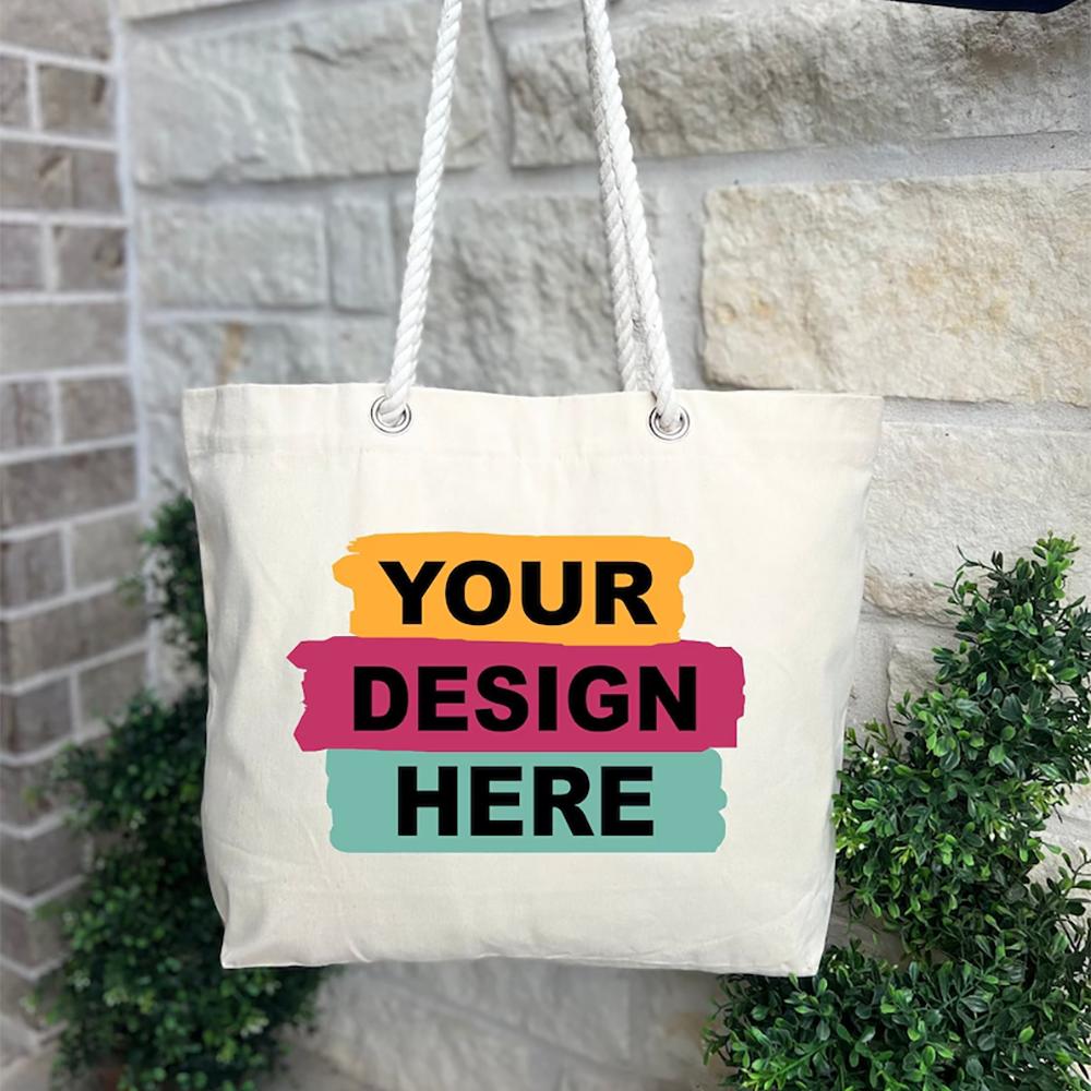 Custom Text Tote Bag Gift Tote Bag with Logo Canvas Beach Tote Fancy Rope Handles Wedding Bridal Shower Birthday New Year gift