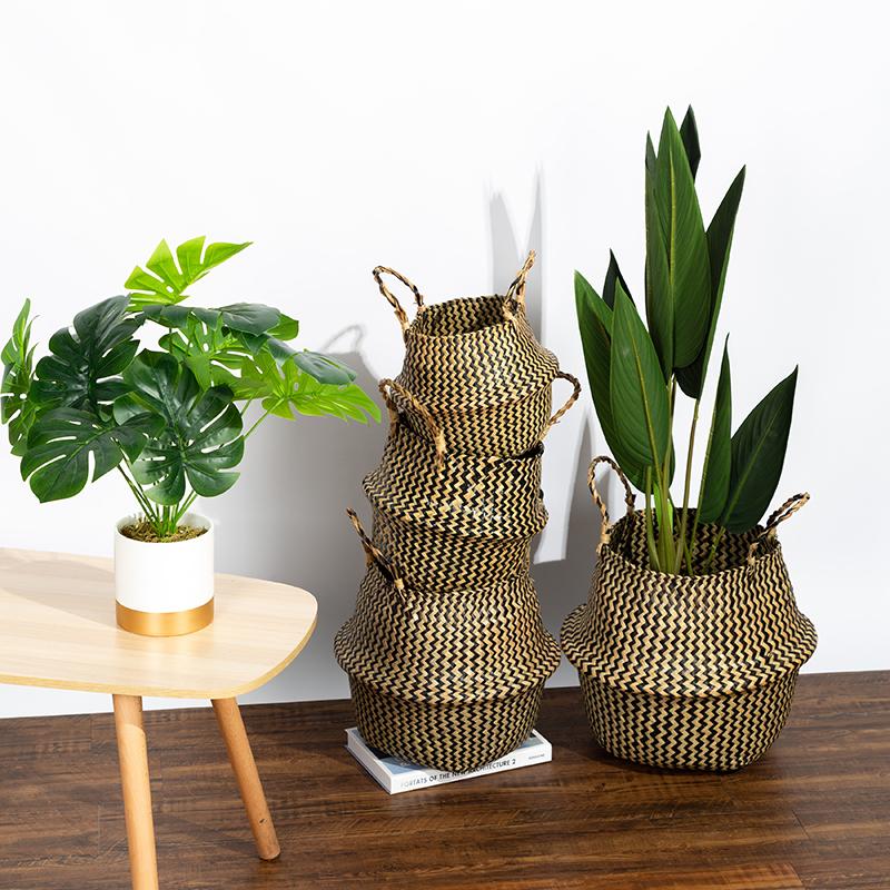 Retro Wicker Woven Seagrass Belly Baskets Planter Pot Foldable Straw Laundry Toys Sundries Organizer Baskets Home Boho Decor