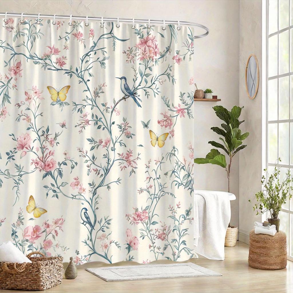 Vintage Botanical Shower Curtain 180x180cm – Blue Branches with Birds, Timeless Floral Bathroom Decor Gift, 12 Hooks
