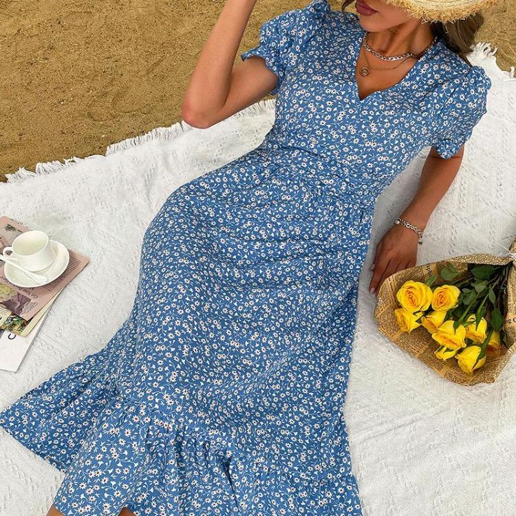 Summer Floral Print V Neck Long Dress for Women High Waist Ruffled Short Sleeve Maxi Dress Lightweight Breathable Work Vacation Dress