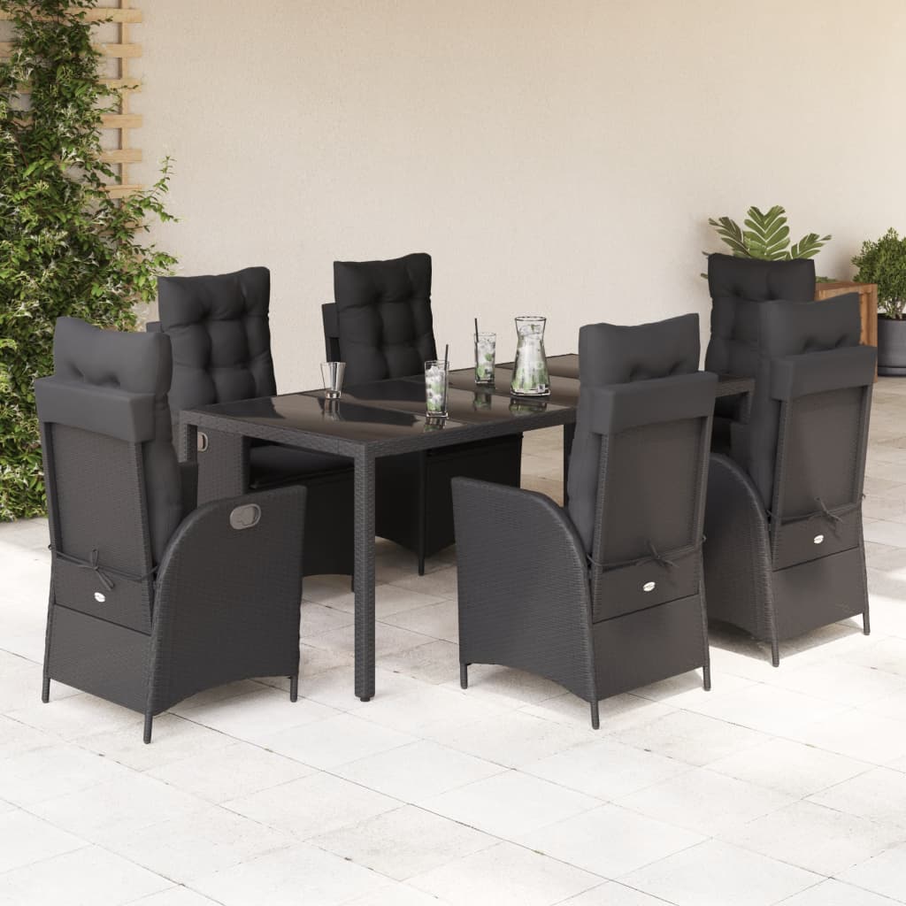 Vidaxl 7-Cz. Garden Furniture Set With Cushions, Black, Poly Rattan