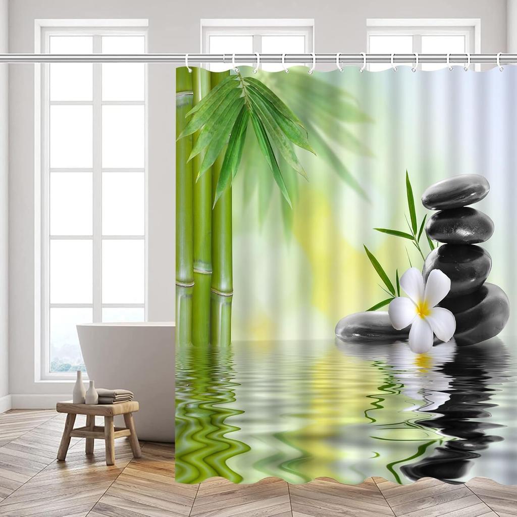 Zen Garden Shower Curtain Spa Green Bamboo Black Stone White Flower Bathroom Decor Supplies Shower Curtains Machine Washable