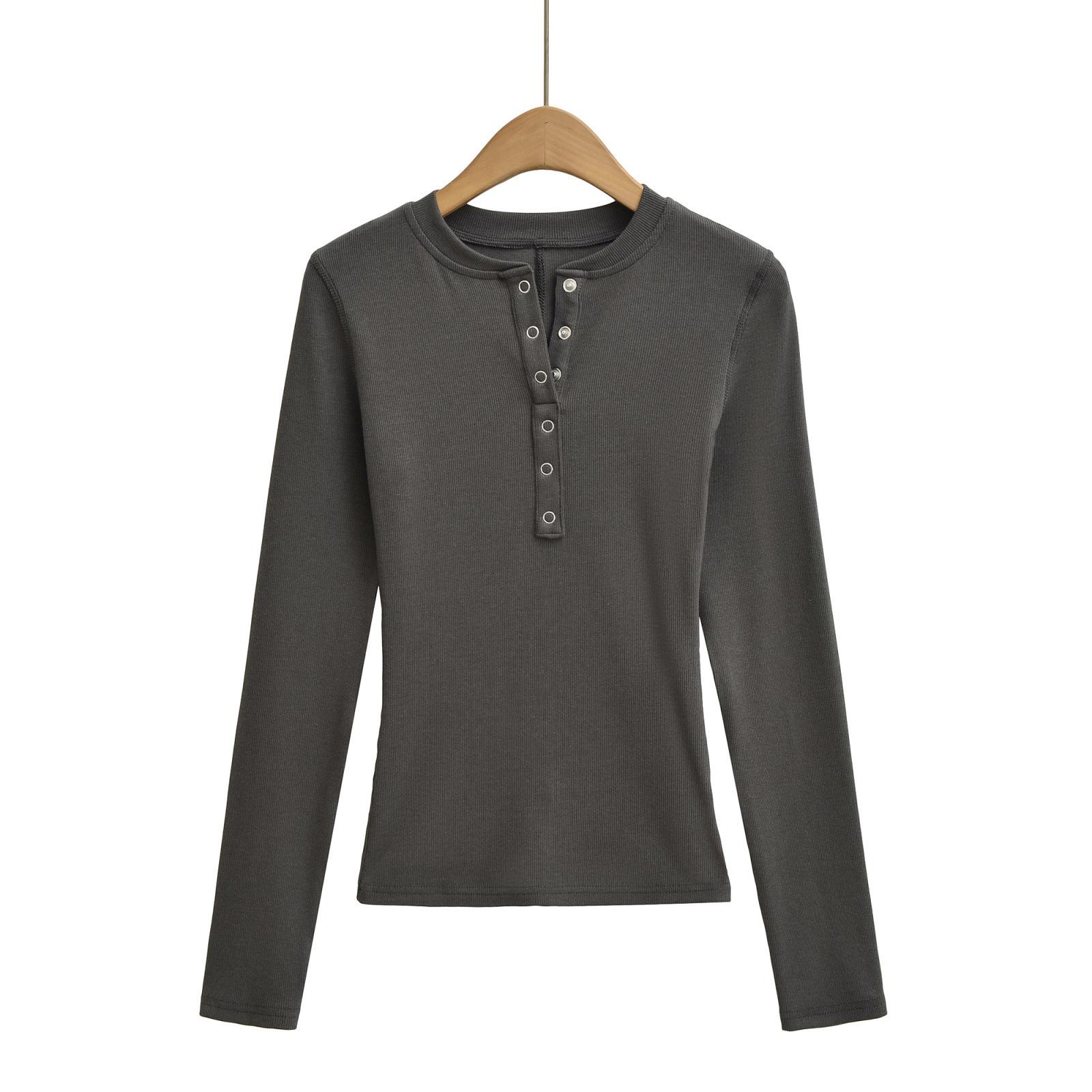

Women s White Slim Fit Henley Collar Long Sleeve T-Shirt – Perfect Waist-Cinching Base Layer for Autumn and Winter. Large темно-серого