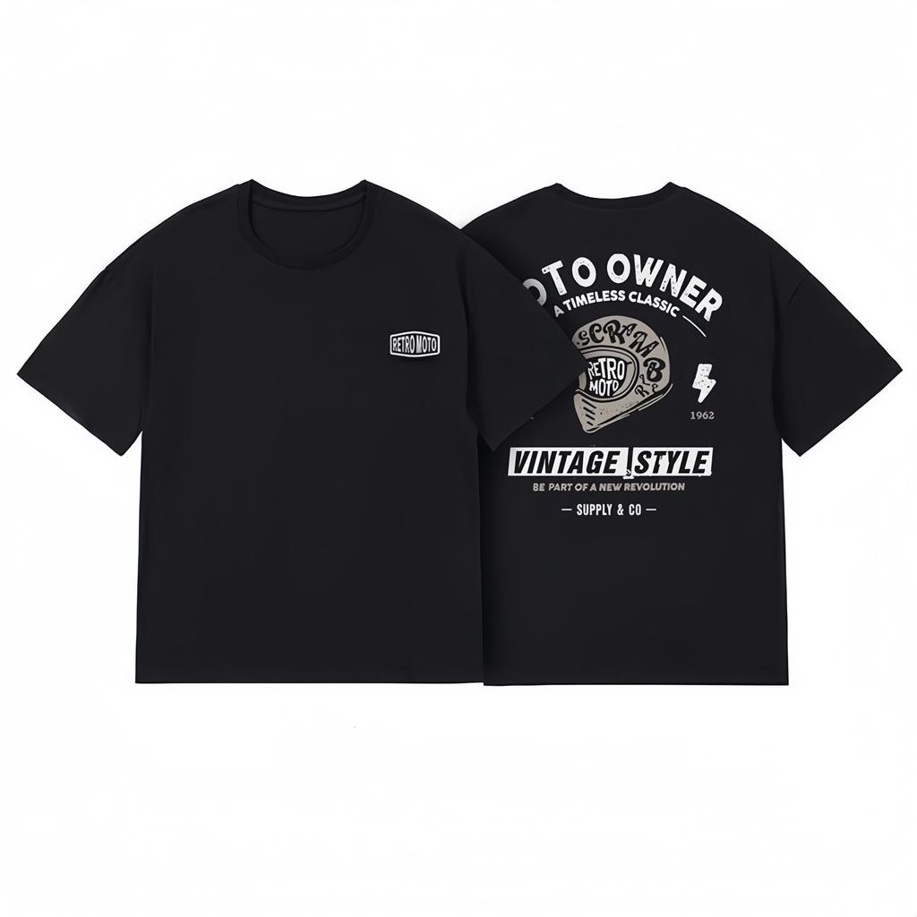 SpringSummer Retro Motorcycle Series Motorcycle Helmet Loose Printed Cotton Casual Short Sleeved Tshirt for Men and Women