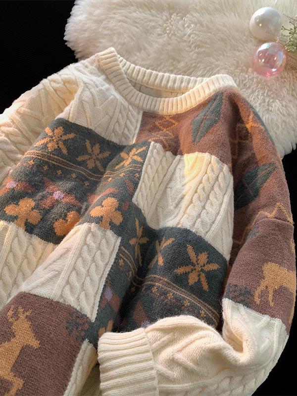 Men's Retro Patchwork Knit Sweater: Warm, Thick, Stylish, and Loose-Fit Winter Jacket