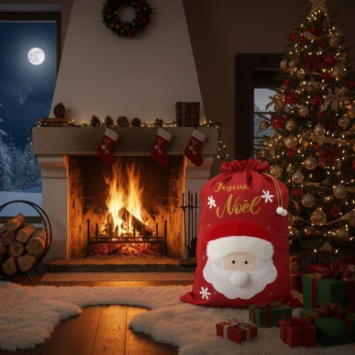 Grande Hotte de Noël XL 100x60 cm – Sac Cadeaux 3D Brodé “Joyeux Noël” avec Motif Père Noël, Décoration et Emballage Fêtes