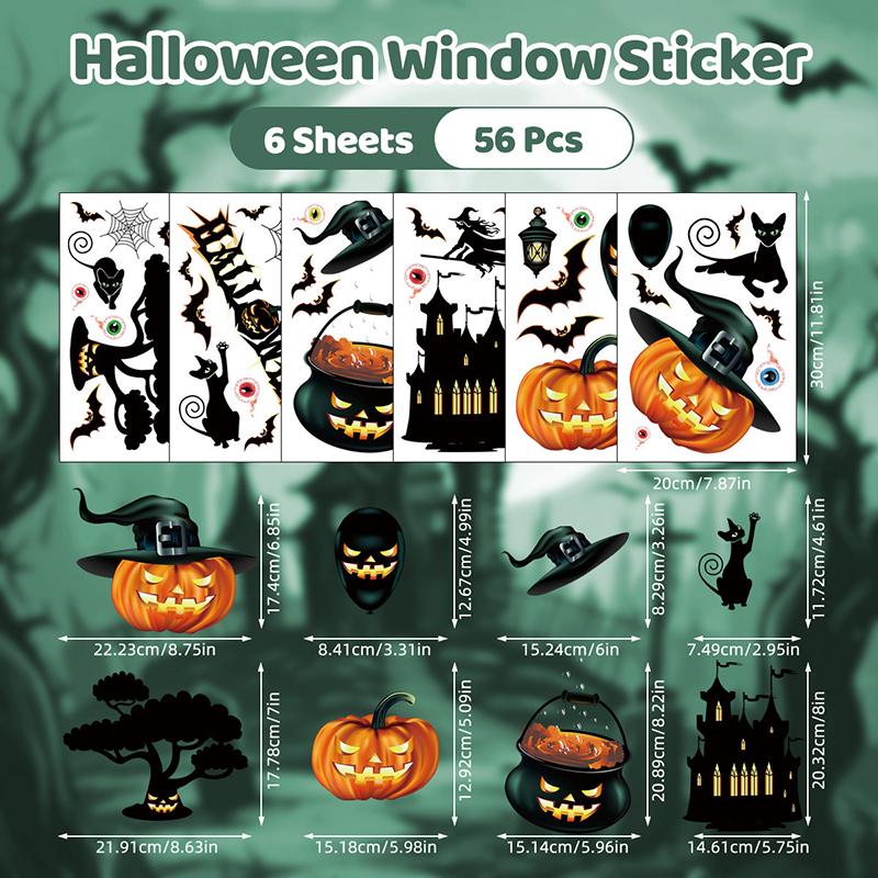 6/8/9 Sheets Halloween Window Clings Cute Ghost Pumpkin Bat Removable Self Adhesive For Home Party Glass Decor