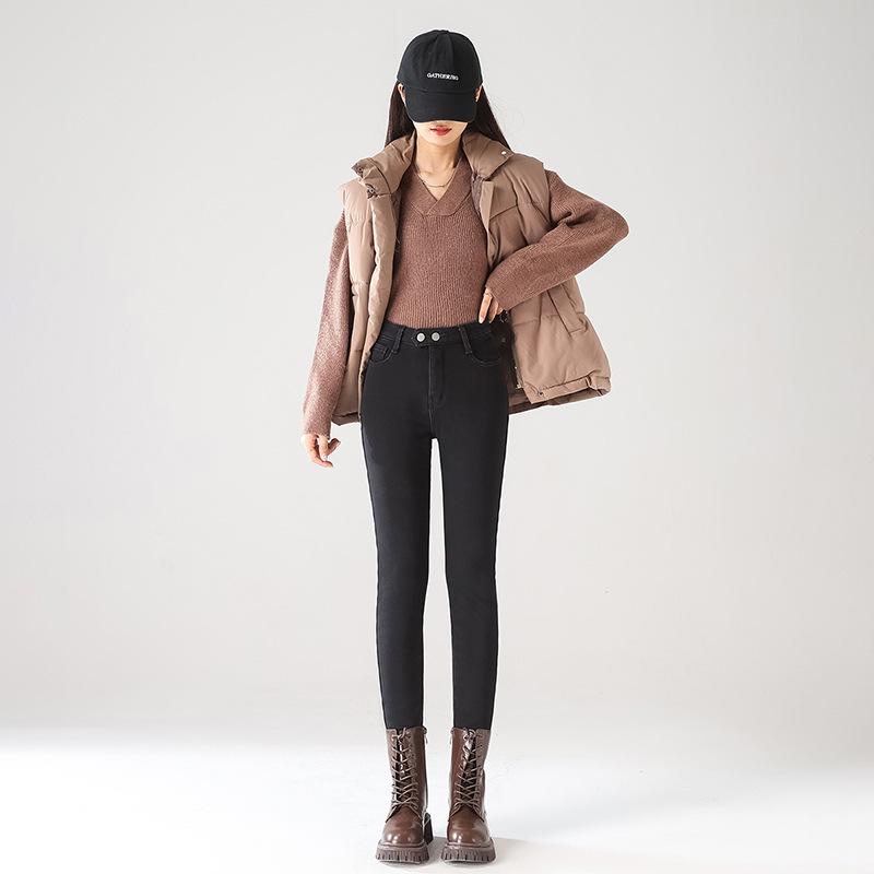 Women's High Waist Stretchy Fluffy Denim Skinny Pants - Winter/Autumn