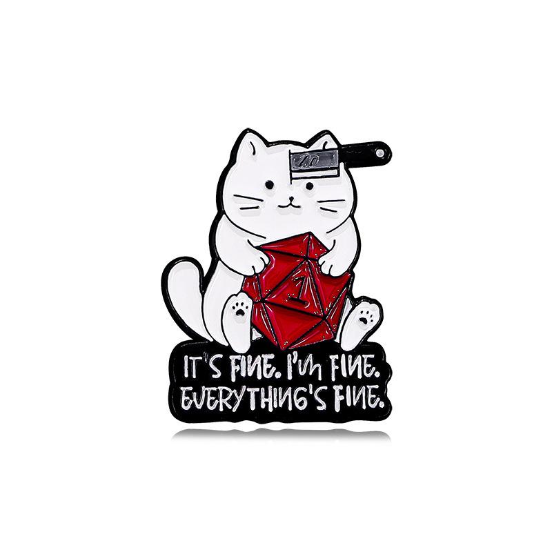 Cartoon 12-sided dice cat brooch in danger English letters clothes bag accessories badge
