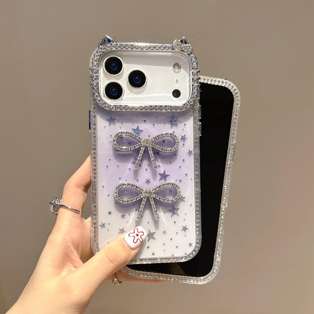 KEYSION Cute 3D Cat Ear Transparent Phone Case for iPhone 14 15 Pro Max 14 15 Plus Glitter Jewelled Bowknot Shockproof Back Cover