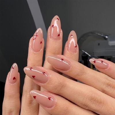 24 Pcs Heart Artificial Nail Valentines Day False Nail Simple Stick On Nail Almond Shape Press On Nail for Holiday