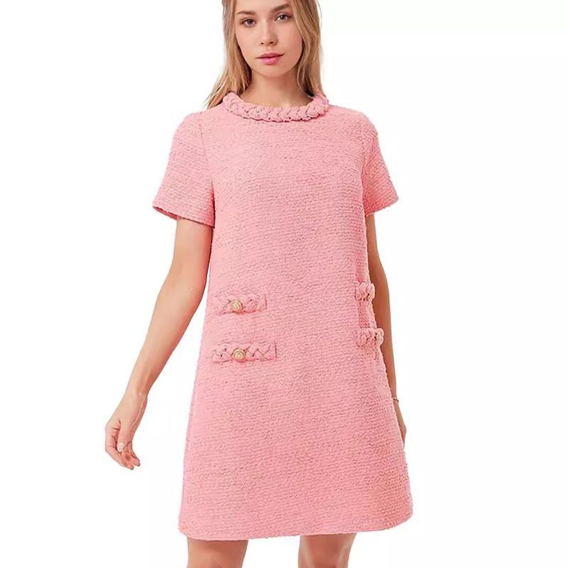 

Button Tight Dress Women s Graceful Tweed Elegant round Neck Short sleeve Button Tight Dress Pink S