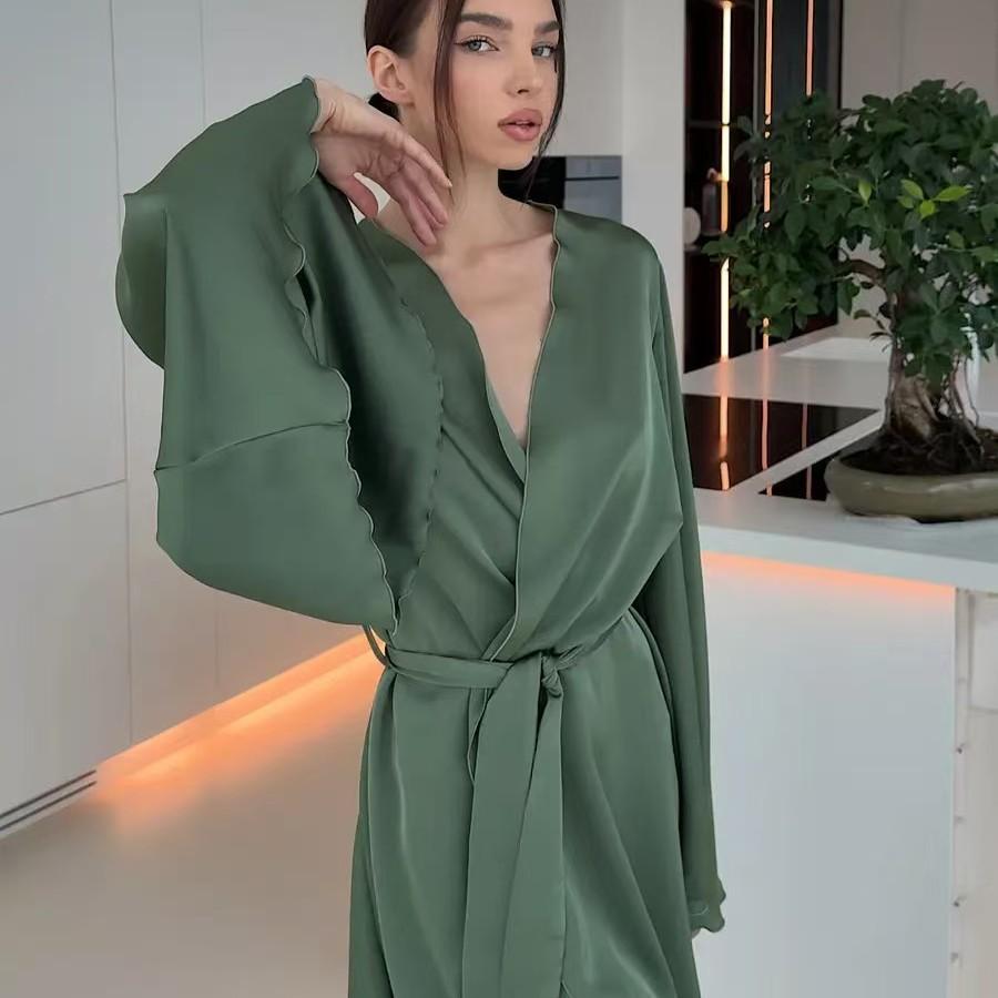 Satin simulation silky comfortable pendant feeling large cuff bathrobe fashion dinner luxury high-end lace-up nightgown women