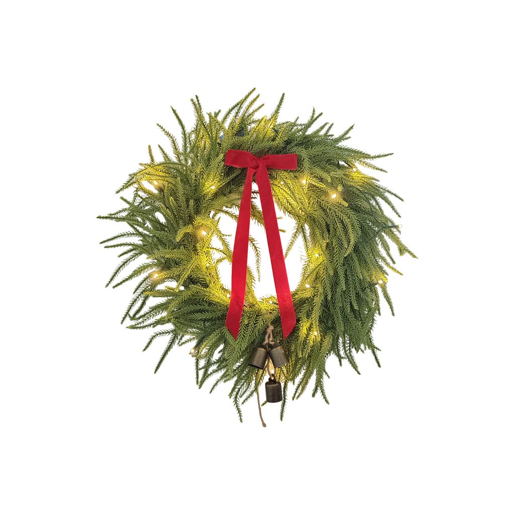 Artificial Pine Needle Wreath with LED Lights and Decorative Ribbon for Indoor Outdoor Holiday Display Home Wall Door Hanging