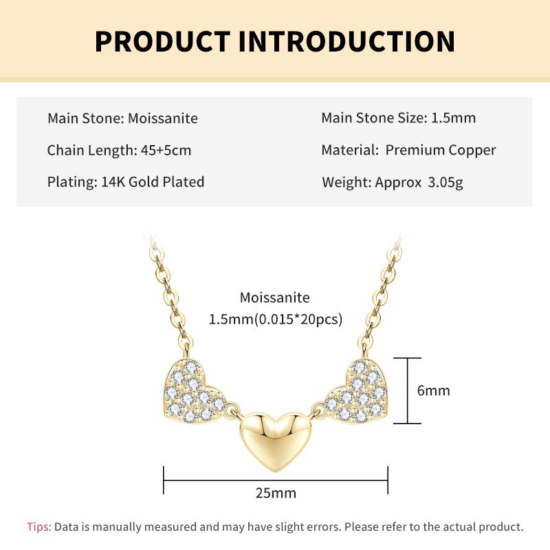 

Rrjzz Three Heart Shaped Eternal 14K White Gold Plated Necklace for Women D-Color VVS1 Moissanite Pendant Necklace GRA Jewelry 45-50cm