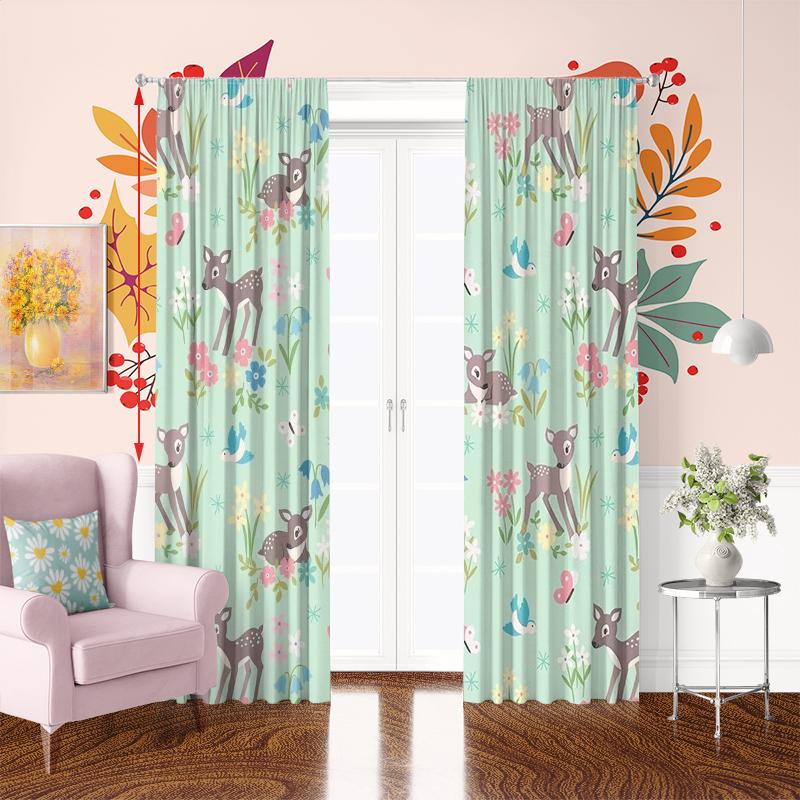 2PCS- Cartoon Deer - Printed curtain -100% polyester material, suitable for bedroom curtains and living room decoration