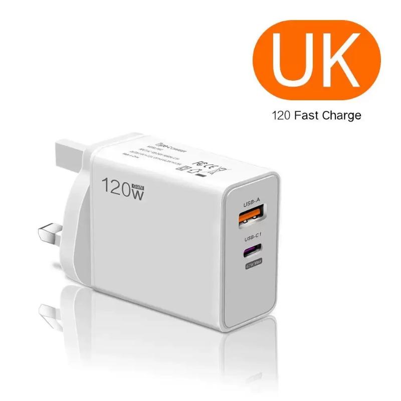 120W Schnellladeblock UK EU US Universeller Stecker Duale USB-A- und Typ-C-Anschlüsse Tragbares Ladegerät für Zuhause, Büro, Reisen