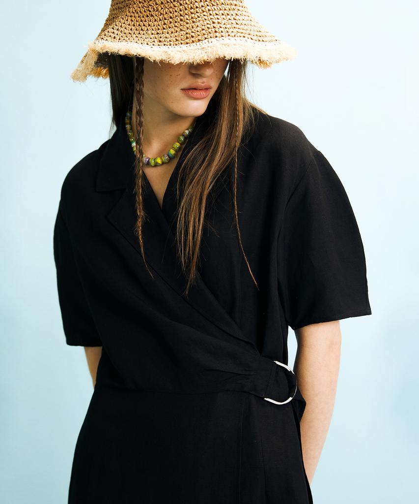 Enor Shirred Wrap Dress - Black