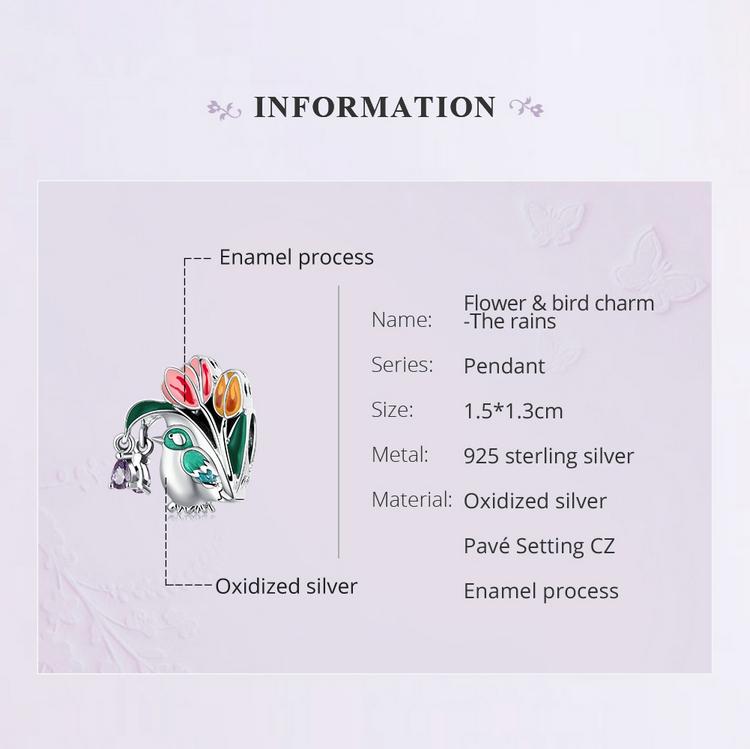 Bamoer Genuine 925 Sterling Silver Flower & Bird Charms Grain Rain Pendant Fit Women Snake Bracelet & Bangle Spring Jewelry Gift