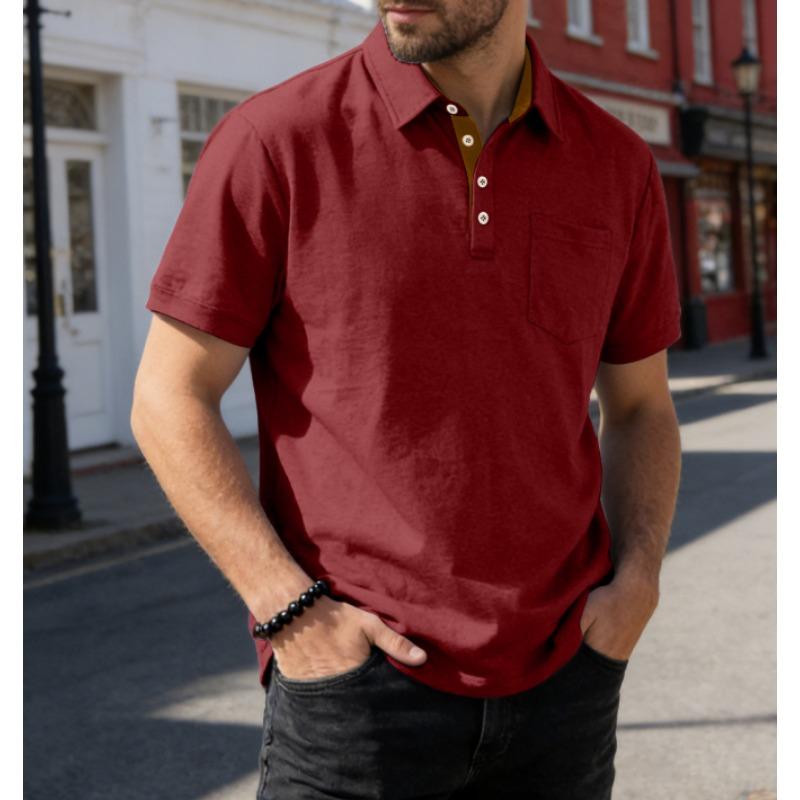 Men Solid Loose Short Sleeve Pocket Business Casual Turn Down Collar Polo Shirt