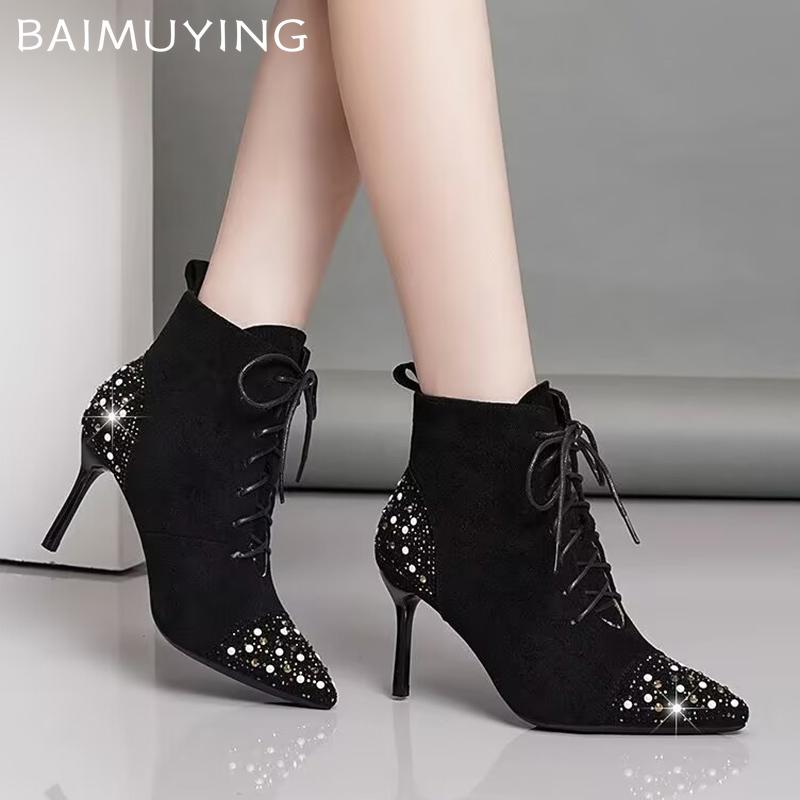 Kryształowe Szpilki Koralikowe Kobiety Botki Do Kostki Zamsz Szpiczasty Nosek Sznurowane Eleganckie Buty Trend 2025 Moda Czółenka Zima Botas De Mujer