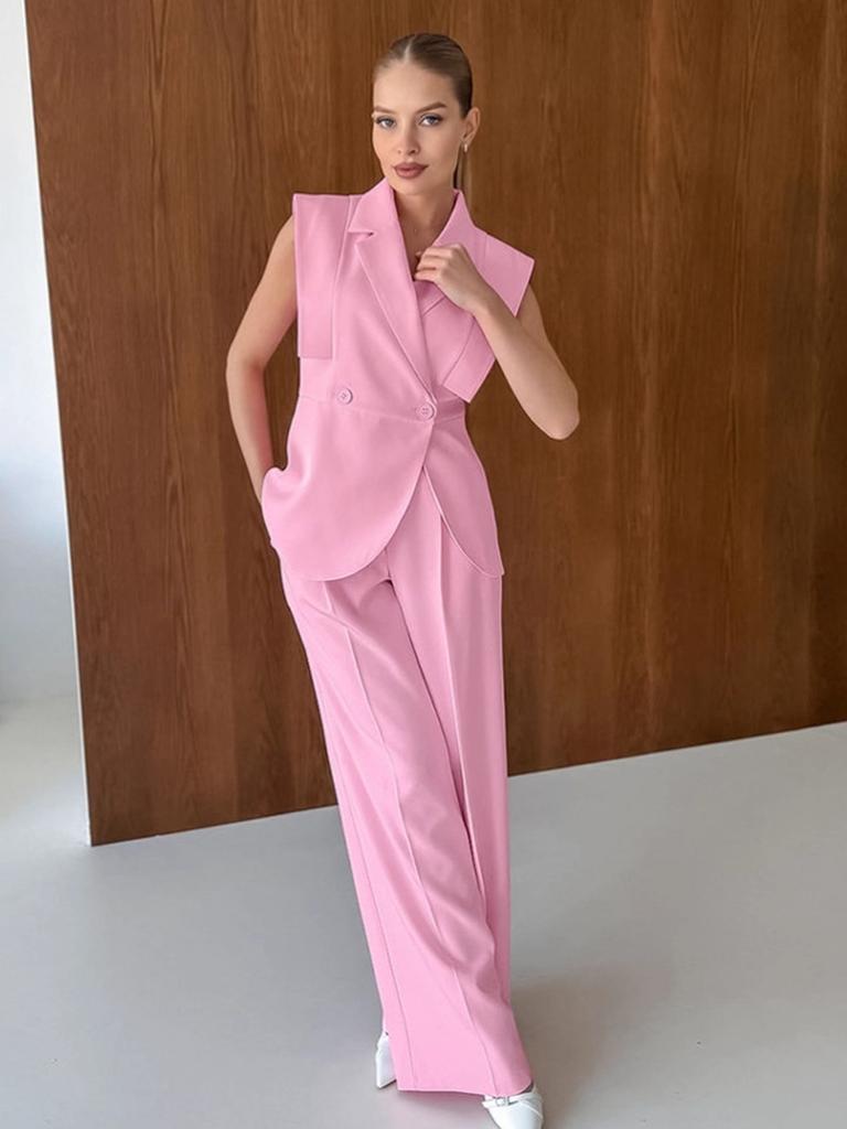 Pink Blazer Pants Two-Piece Set for Women Summer Business Formal Wear Outfit